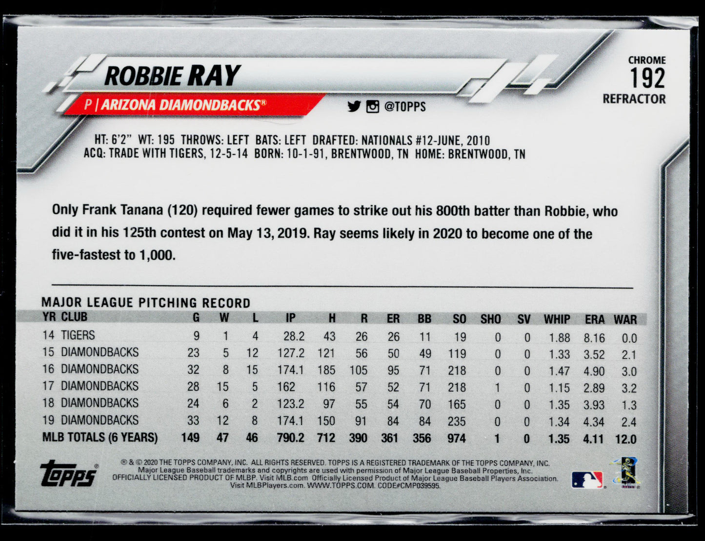 2020 Topps Chrome Robbie Ray Sepia Refractor #192