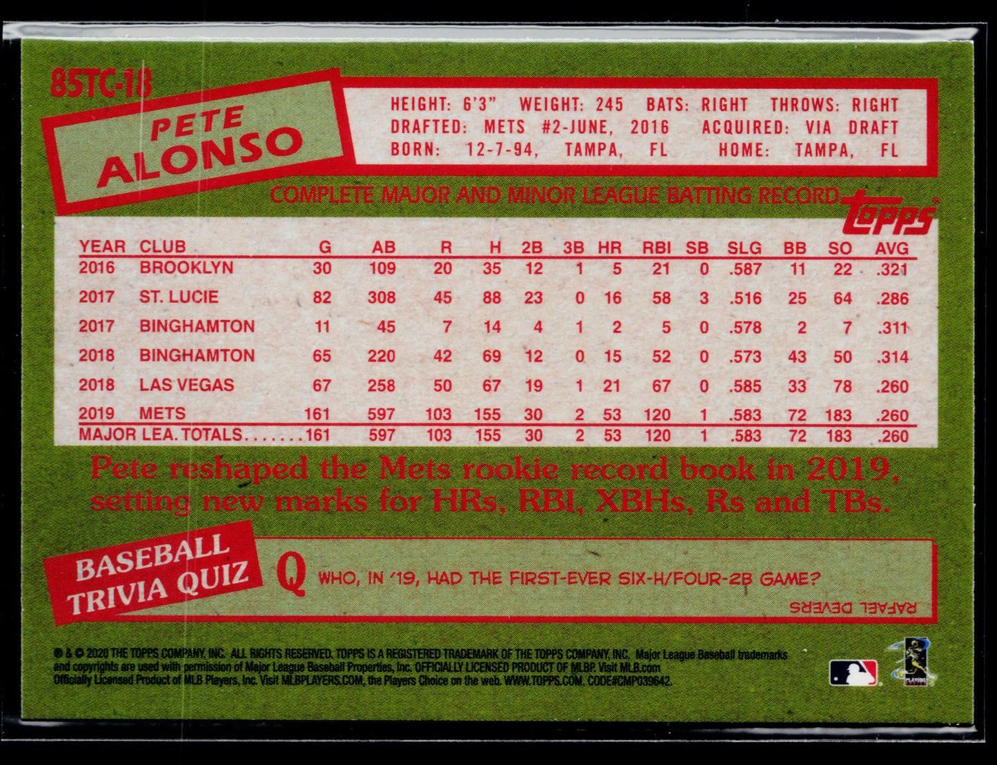 2020 Topps Chrome Pete Alonso 1985 Topps Baseball #85TC-18
