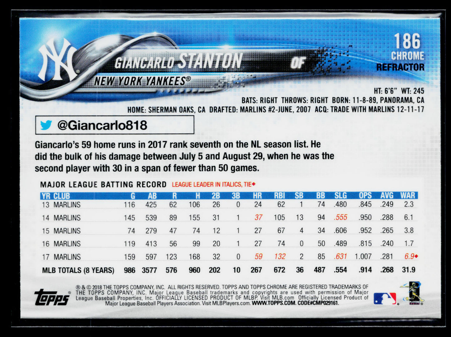 2018 Topps Chrome Giancarlo Stanton Refractor #186