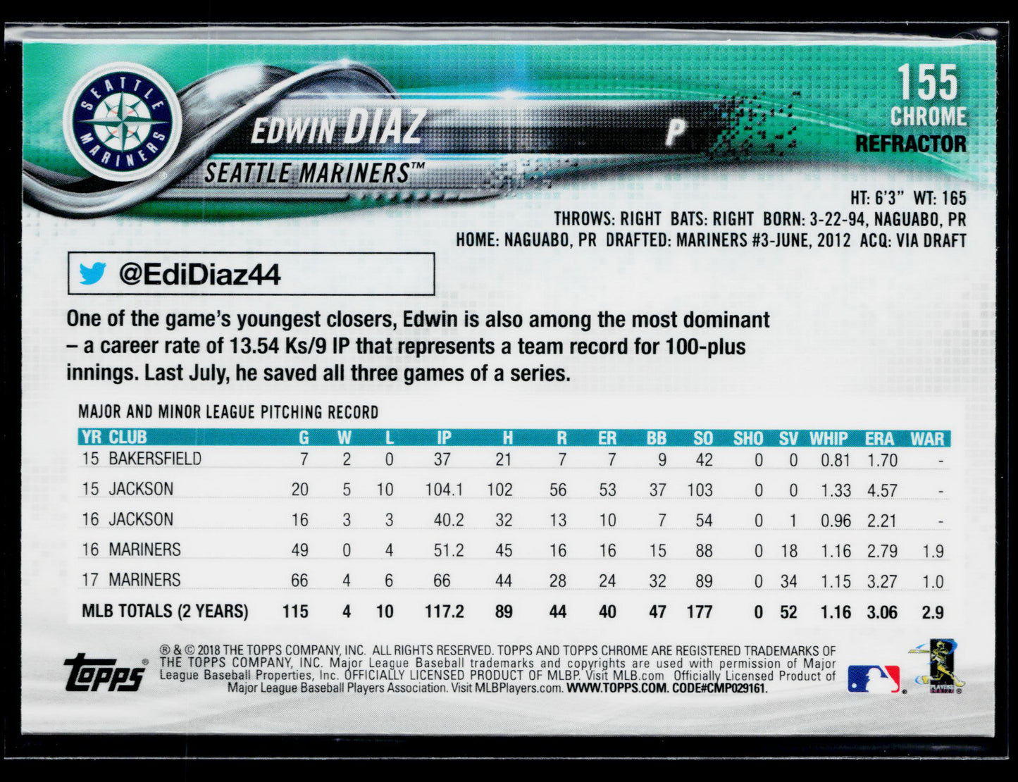 2018 Topps Chrome Edwin Diaz Refractor #155