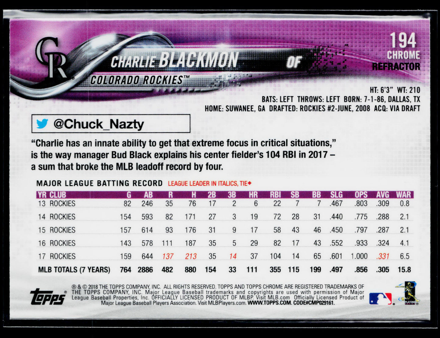 2018 Topps Chrome Charlie Blackmon Sepia Refractor #194