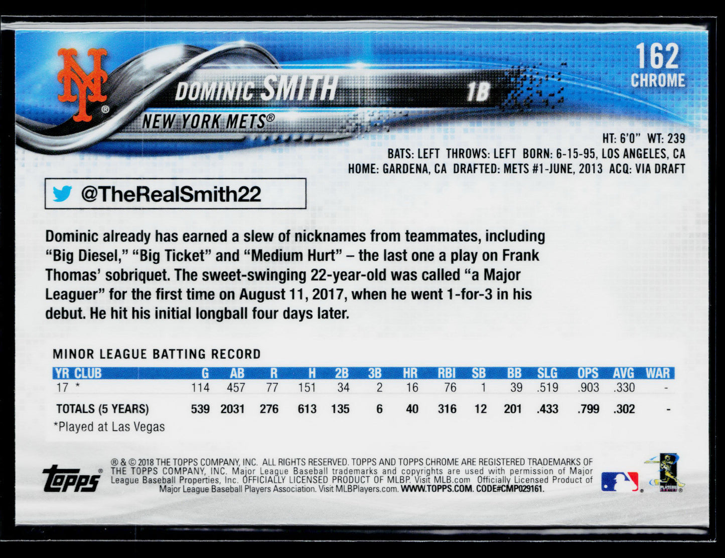 2018 Topps Chrome Dominic Smith Rookie Prism Refractor #162
