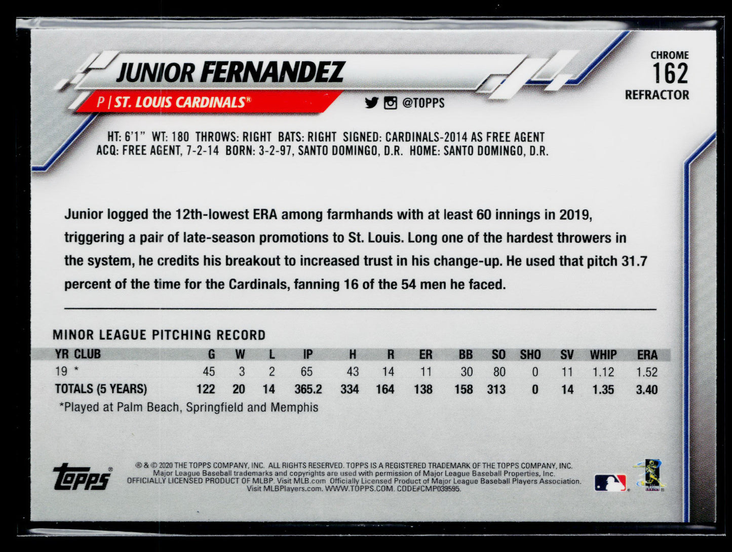 2020 Topps Chrome Junior Fernandez Rookie Pink Refractor #162