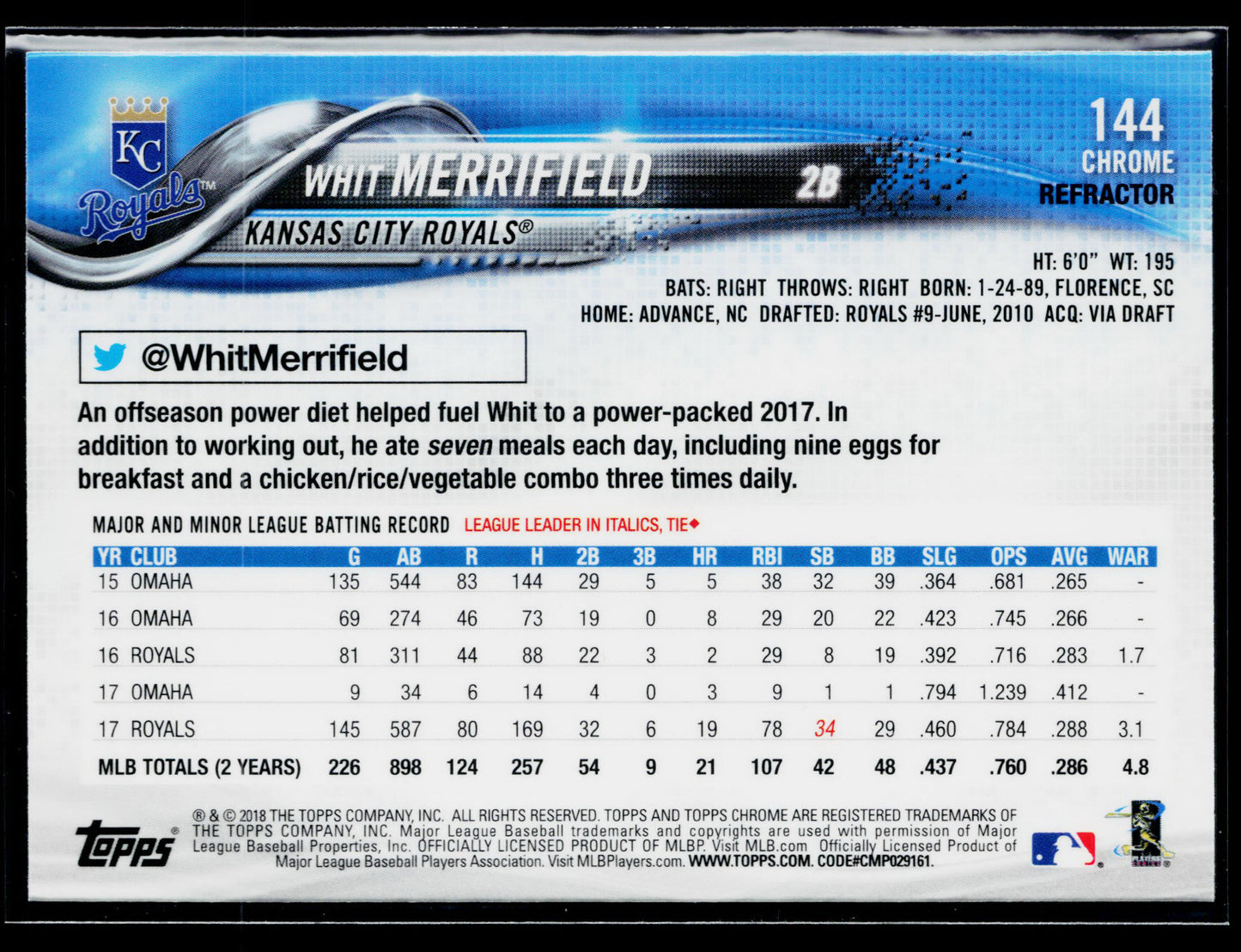 2018 Topps Chrome Whit Merrifield Sepia Refractor #144