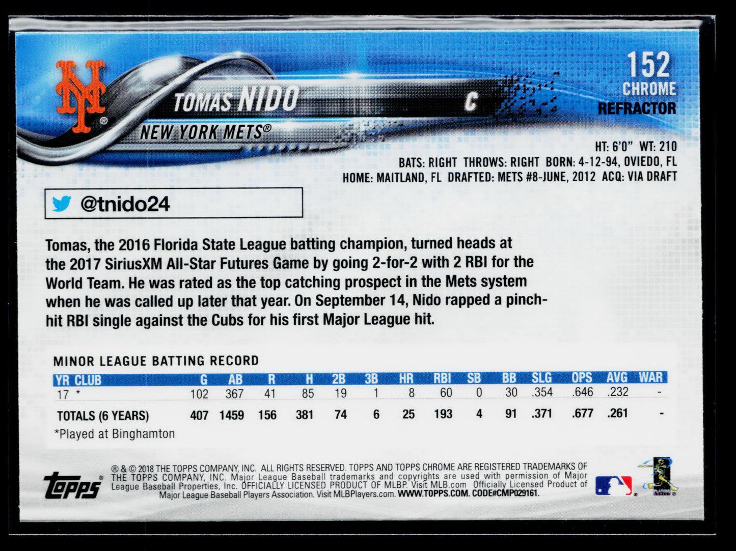 2018 Topps Chrome Tomas Nido Rookie Sepia Refractor #152