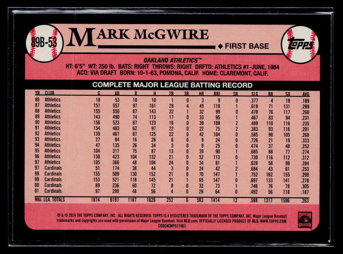 2024 Mark McGwire 1989 Topps Baseball 35th Anniversary (Series One) #89B-53
