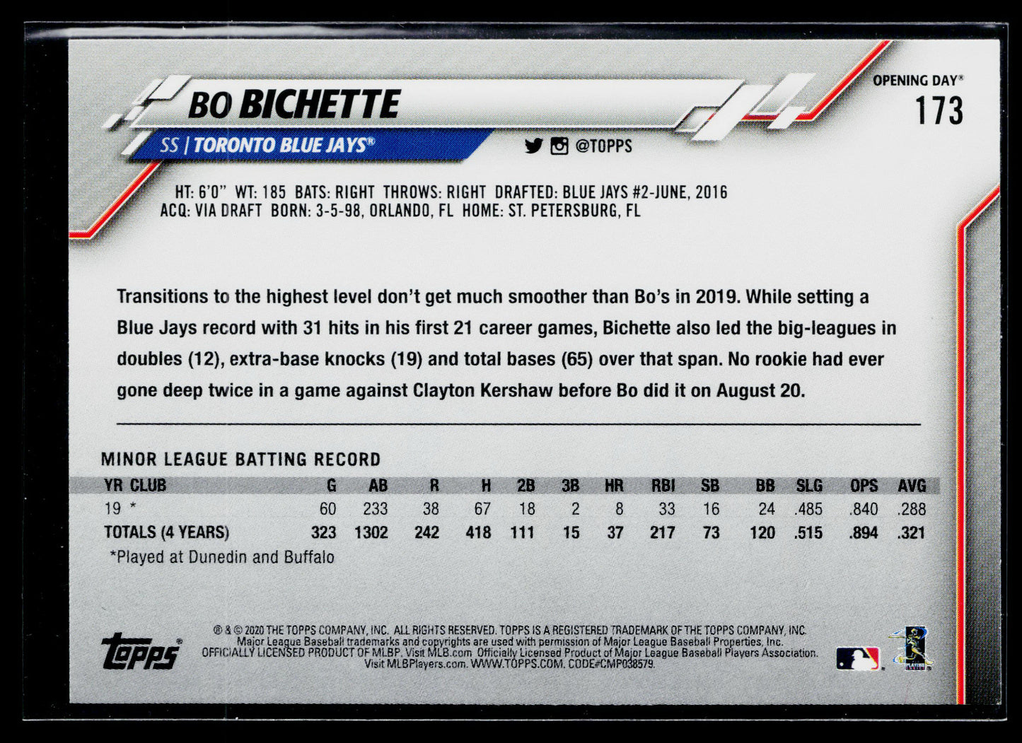2020 Topps Opening Day Bo Bichette Rookie #173a