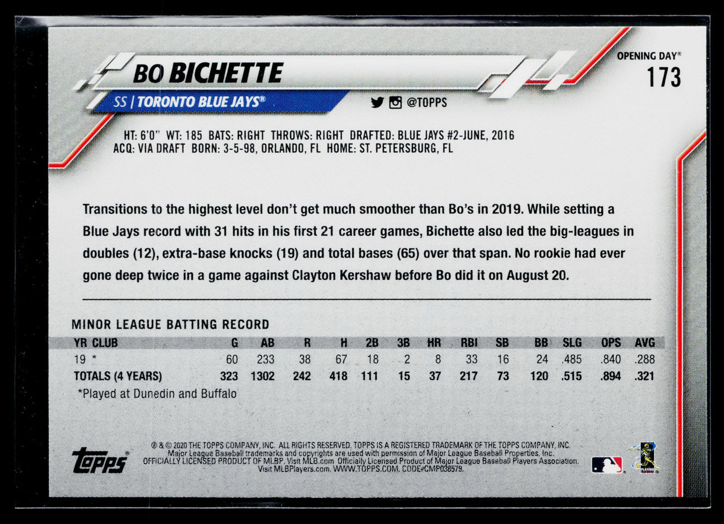2020 Topps Opening Day Bo Bichette Rookie #173a
