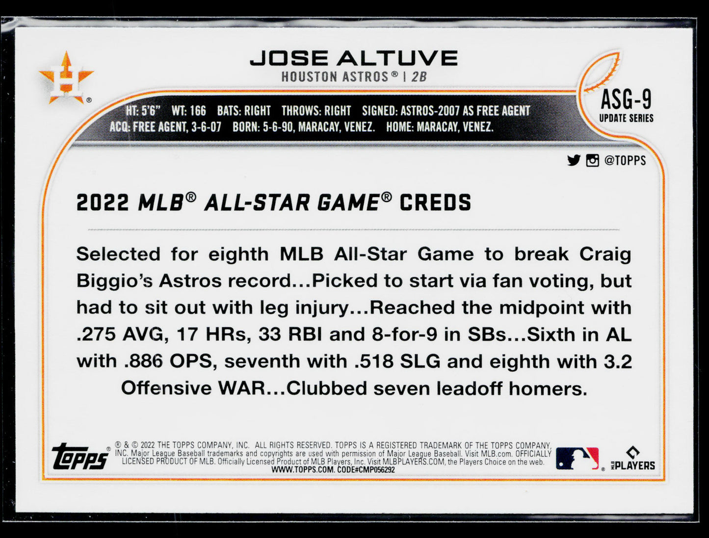 2022 Topps Update Jose Altuve 2022 MLB All-Star Game #ASG-9