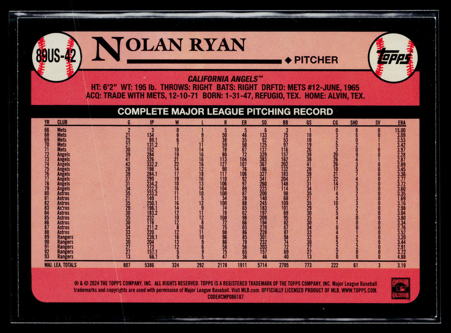 2024 Topps Update Nolan Ryan 1989 Topps Baseball 35th Anniversary #89US-42
