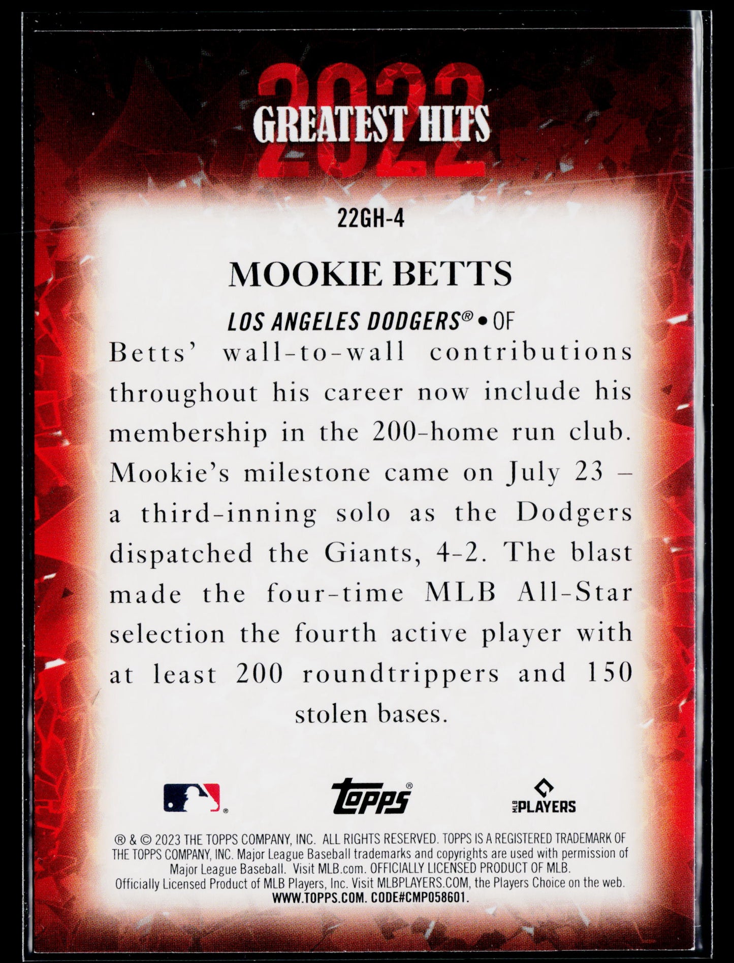 2023 Topps Mookie Betts 2022 Greatest Hits #22GH-4