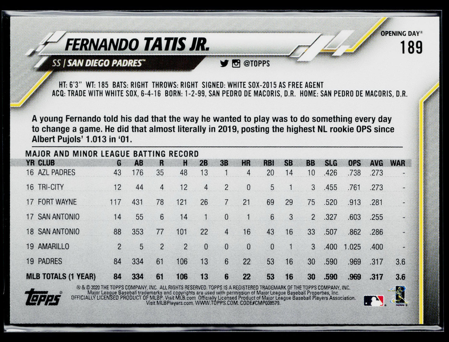 2020 Topps Opening Day Fernando Tatis Jr. #189