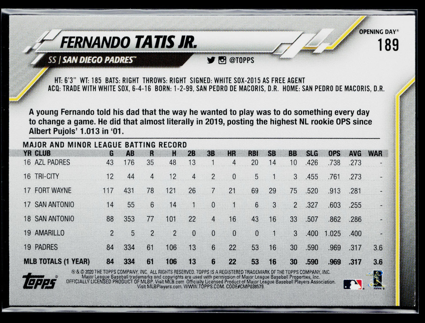 2020 Topps Opening Day Fernando Tatis Jr. #189