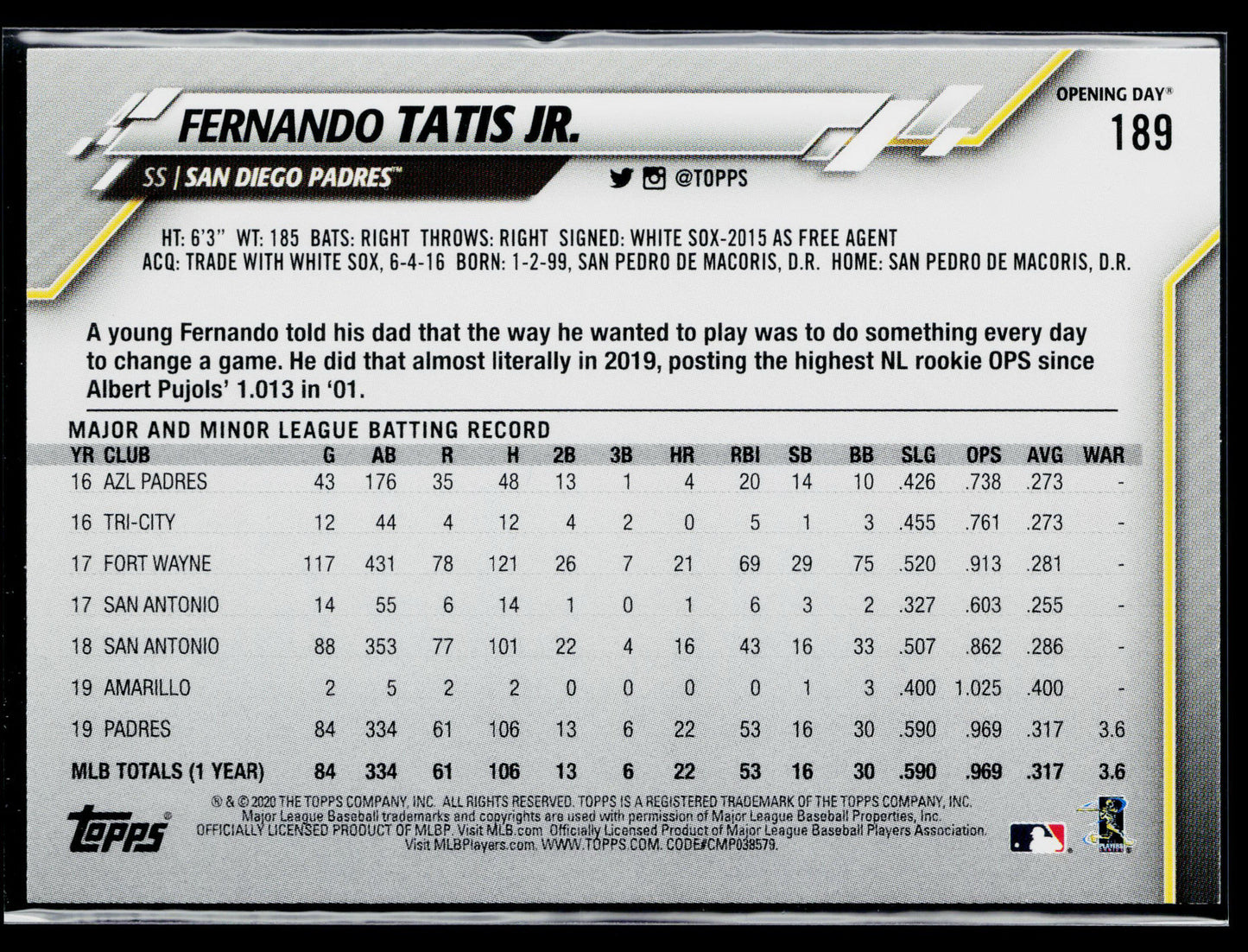 2020 Topps Opening Day Fernando Tatis Jr. #189