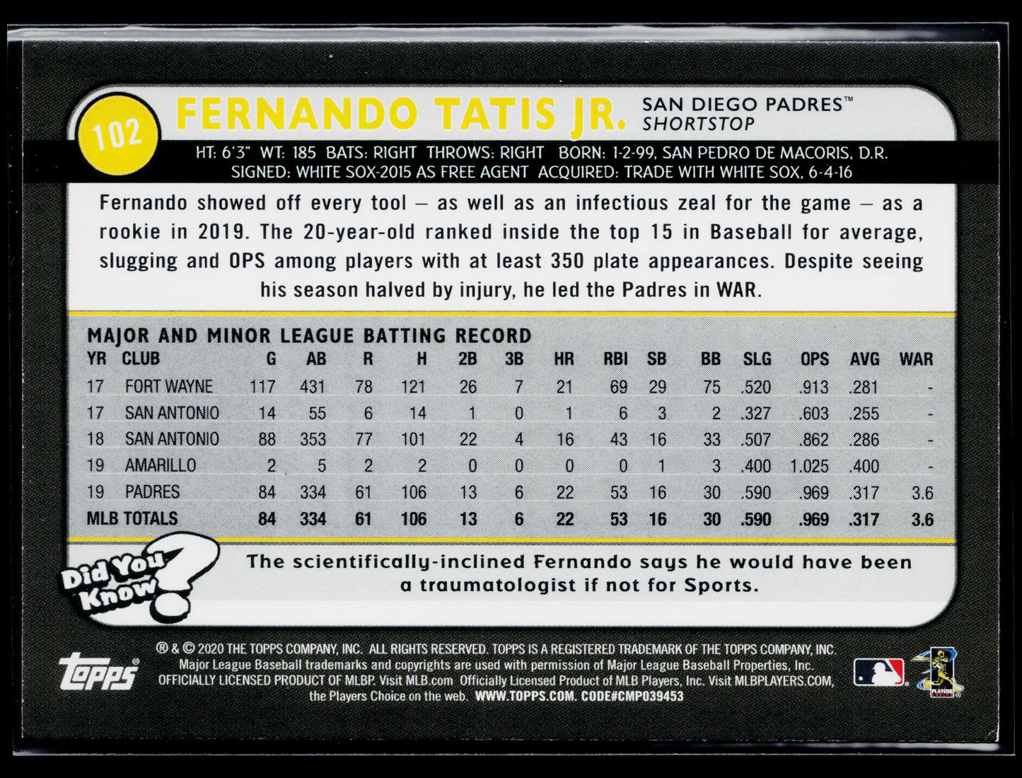 2020 Topps Big League Fernando Tatis Jr. #102