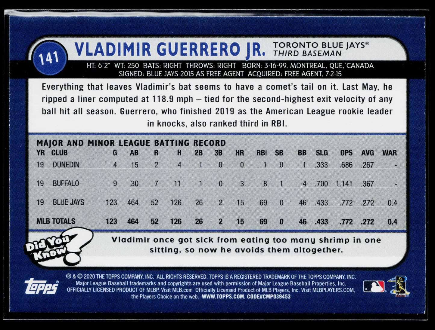 2020 Topps Big League Vladimir Guerrero Jr. #141