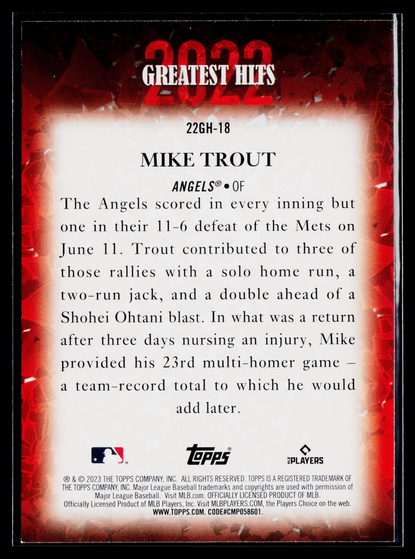 2023 Topps Mike Trout 2022 Greatest Hits #22GH-18
