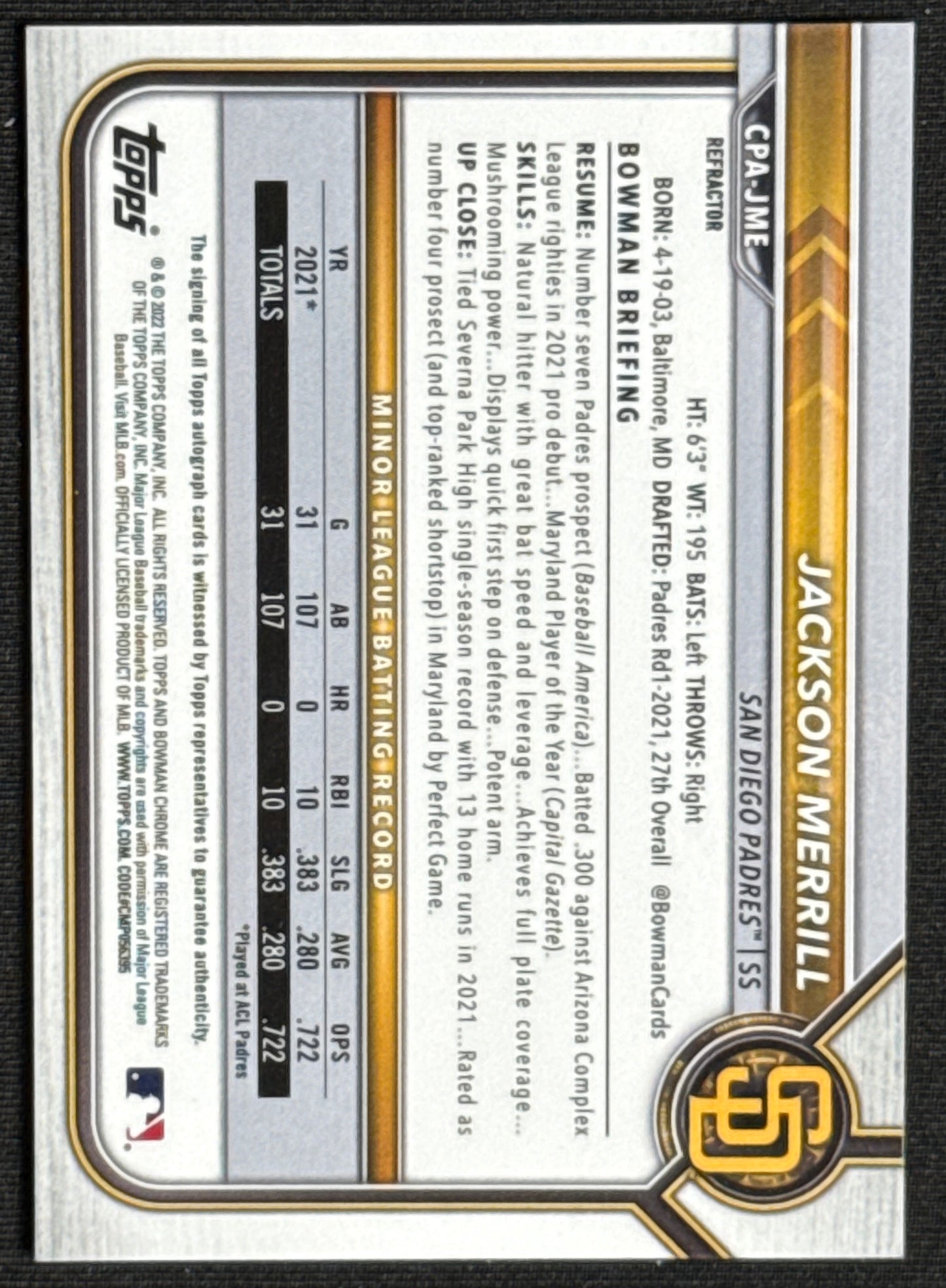 2022 1st Bowman Chrome Jackson Merrill Prospect Refractor Auto #/499 #CPA-JME