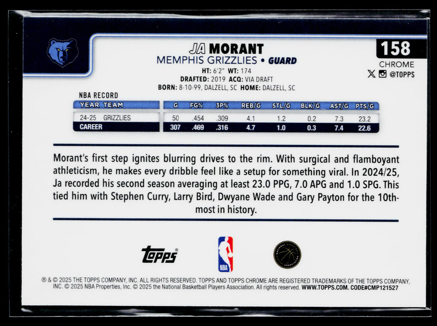 2025-26 Topps Chrome Ja Morant Refractor #158