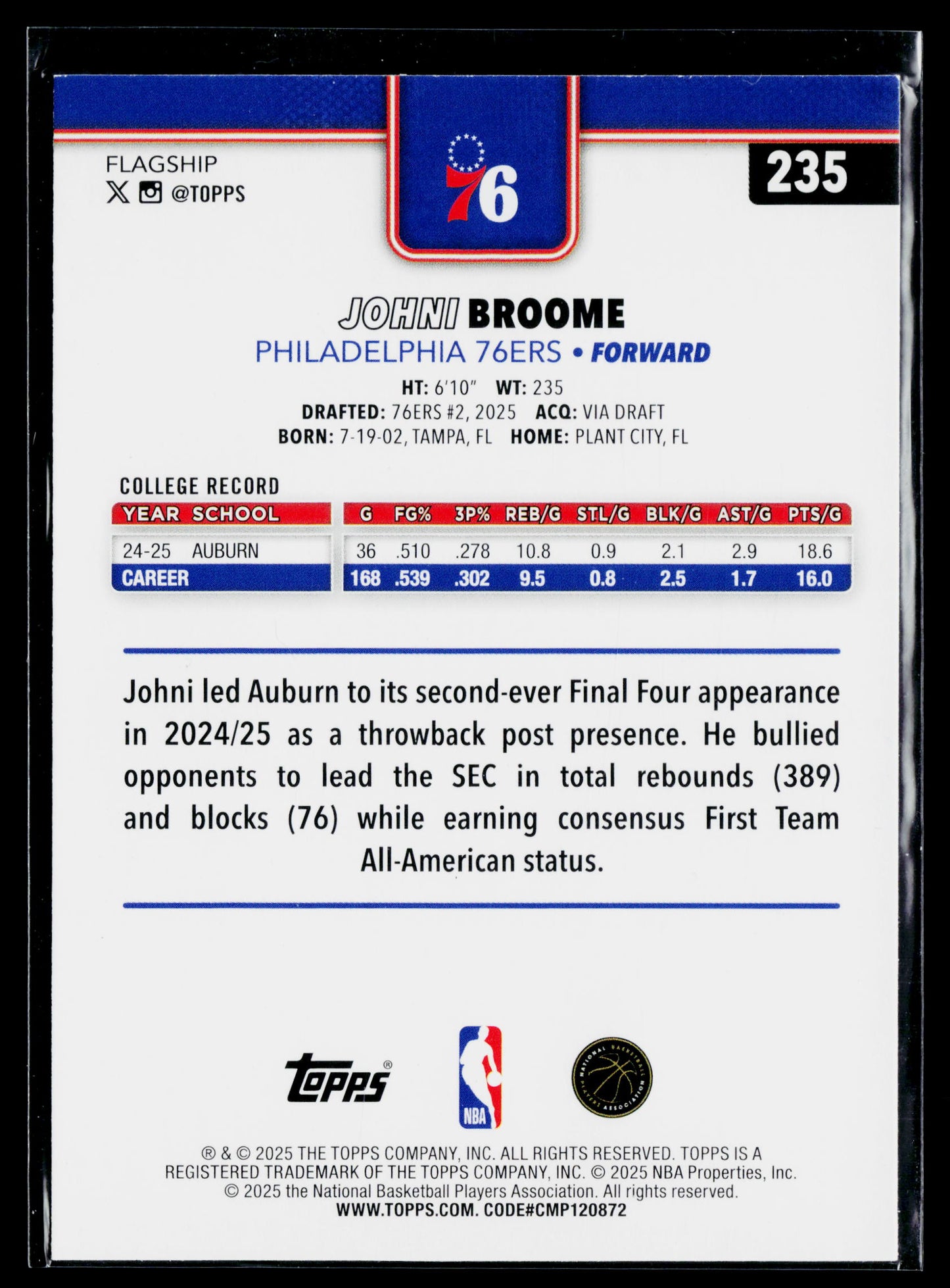 2025-26 Topps Johni Broome Rookie #235