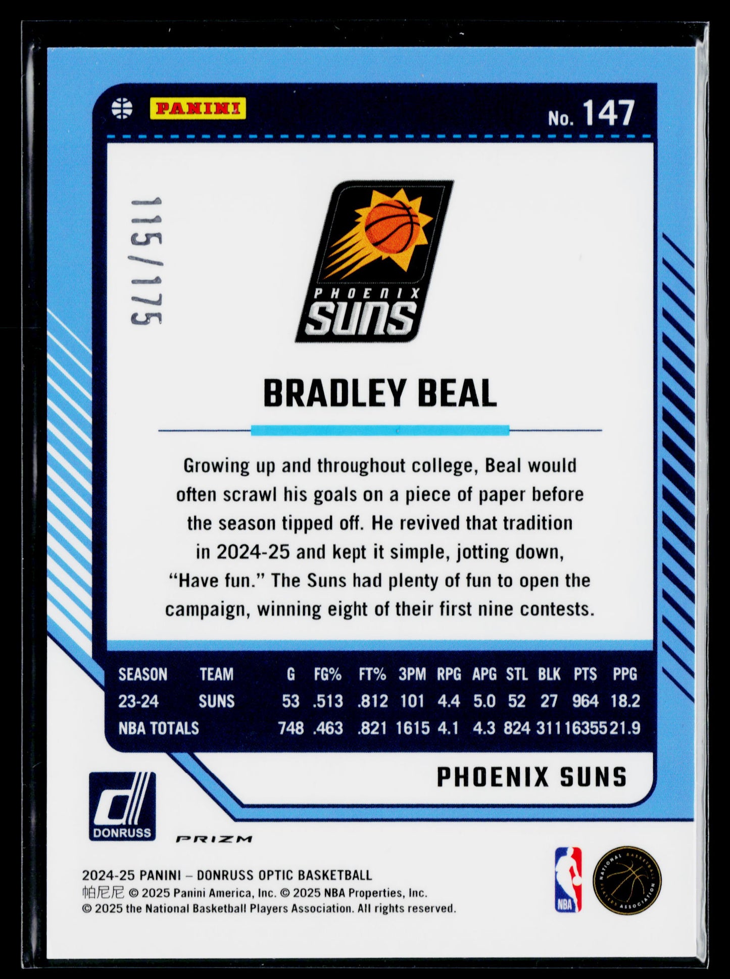 2024-25 Donruss Optic Bradley Beal Hyper Blue #/175 #147