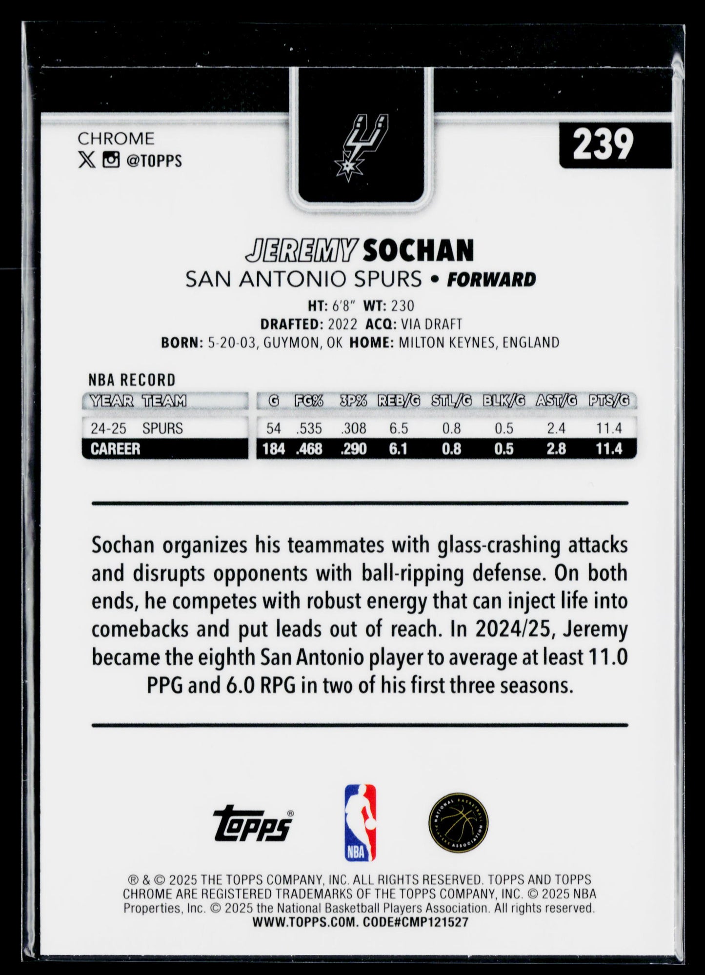 2025-26 Topps Chrome Jeremy Sochan Wave Refractor #239