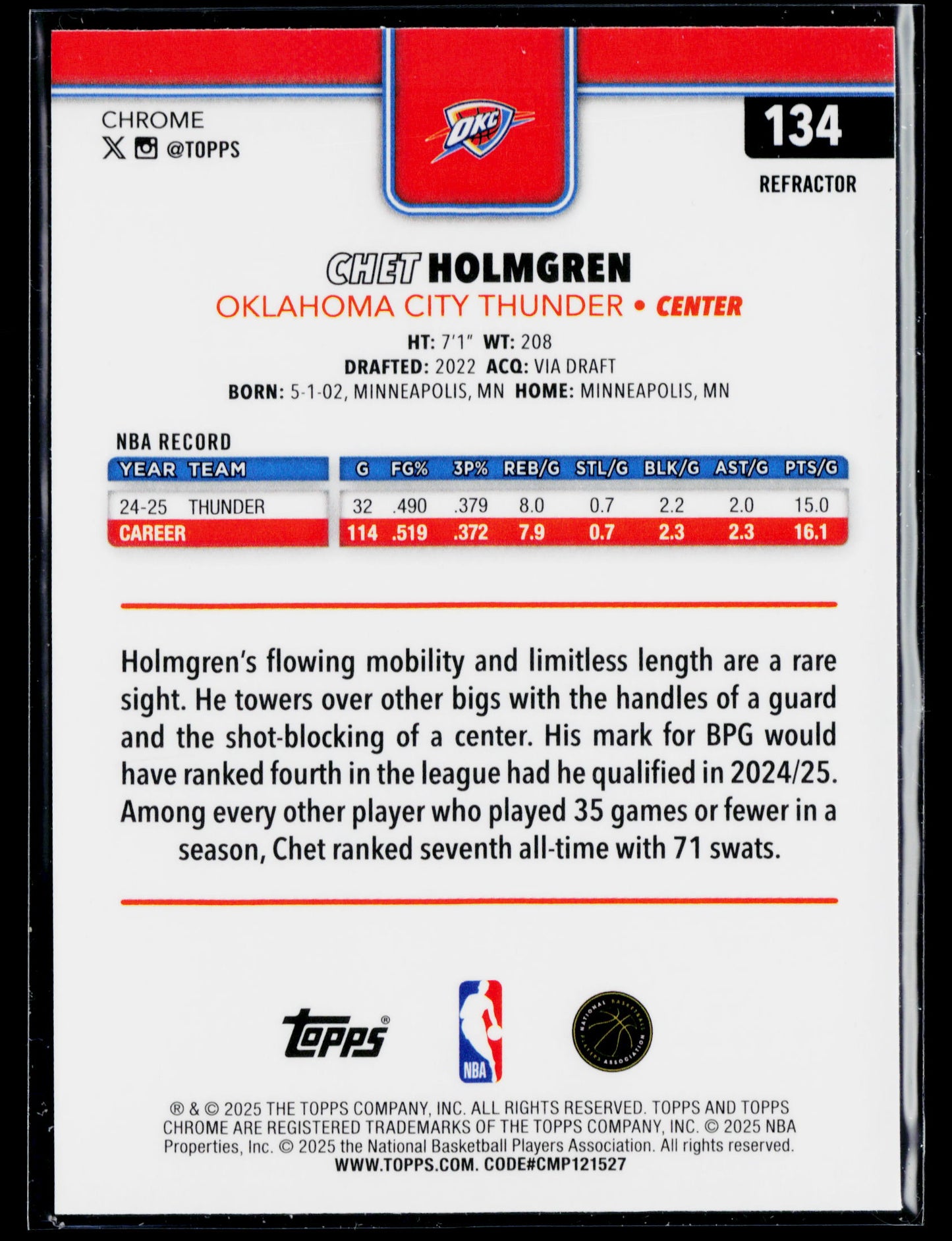 2025-26 Topps Chrome Chet Holmgren Refractor #134
