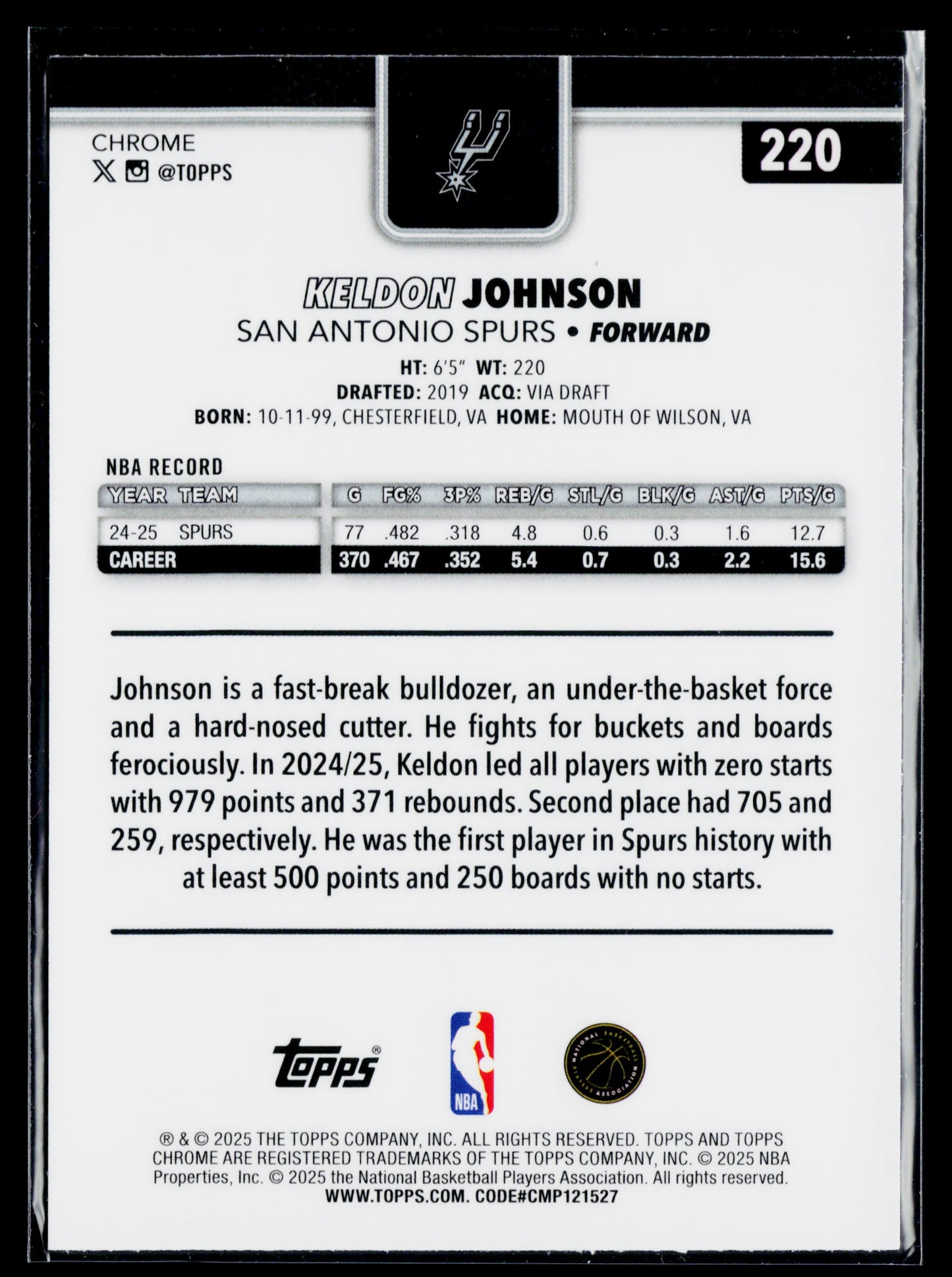 2025-26 Topps Chrome Keldon Johnson Red White and Blue Refractor #220