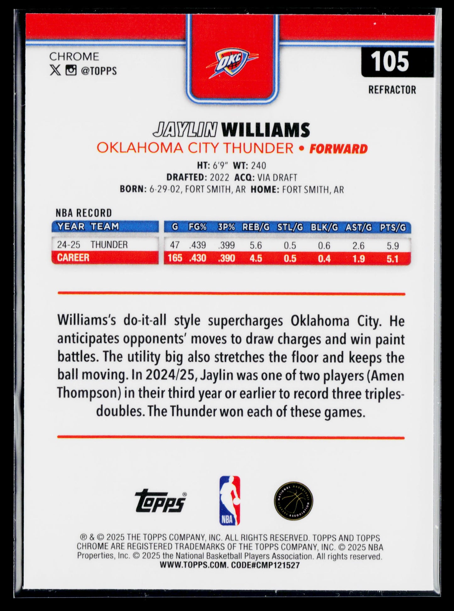 2025-26 Topps Chrome Jaylin Williams Basketball Refractor #105