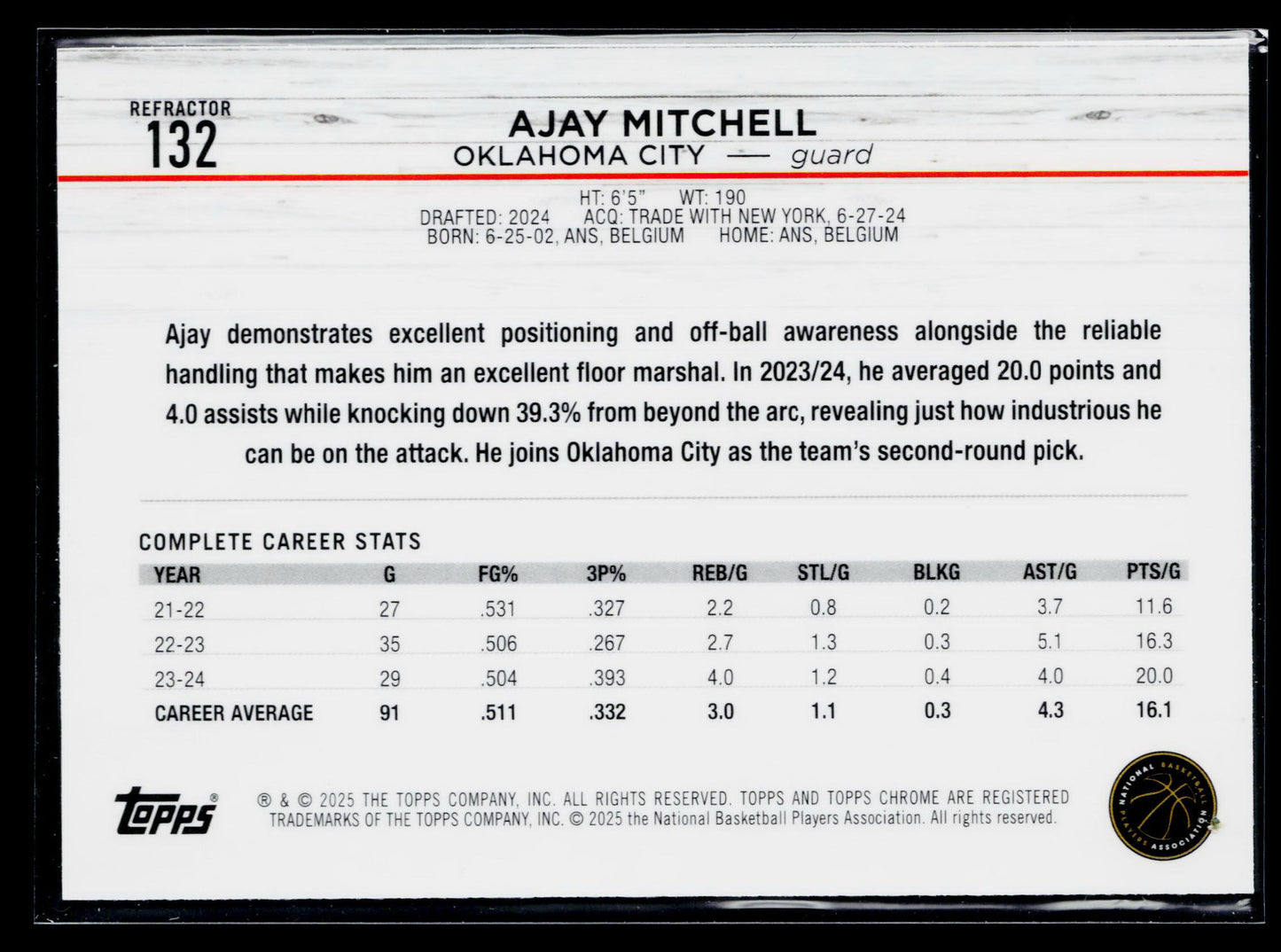 2024-25 Topps Chrome Ajay Mitchell Rookie Refractor #132