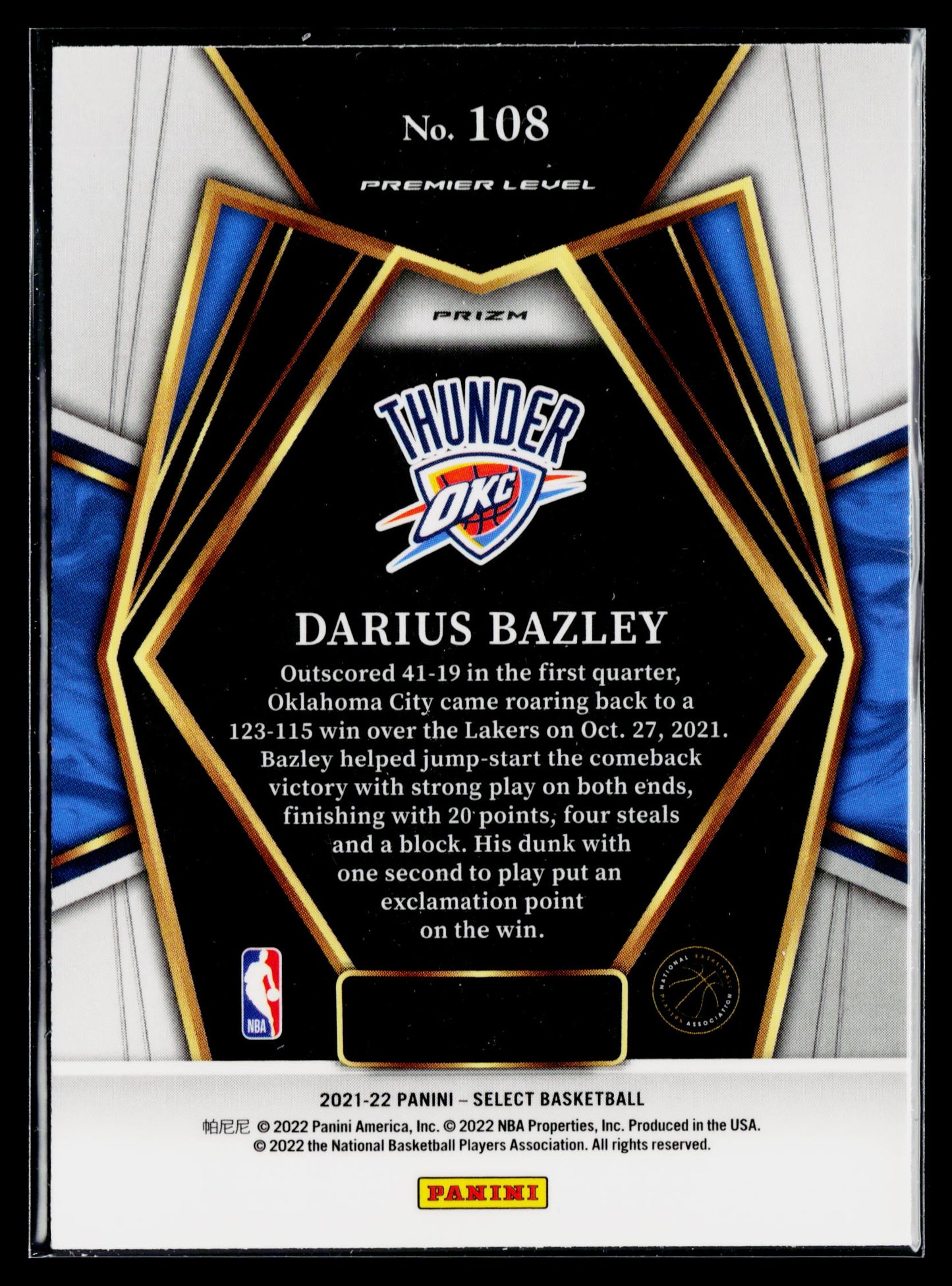 2021-22 Panini Select Darius Bazley Red Wave Prizms #108