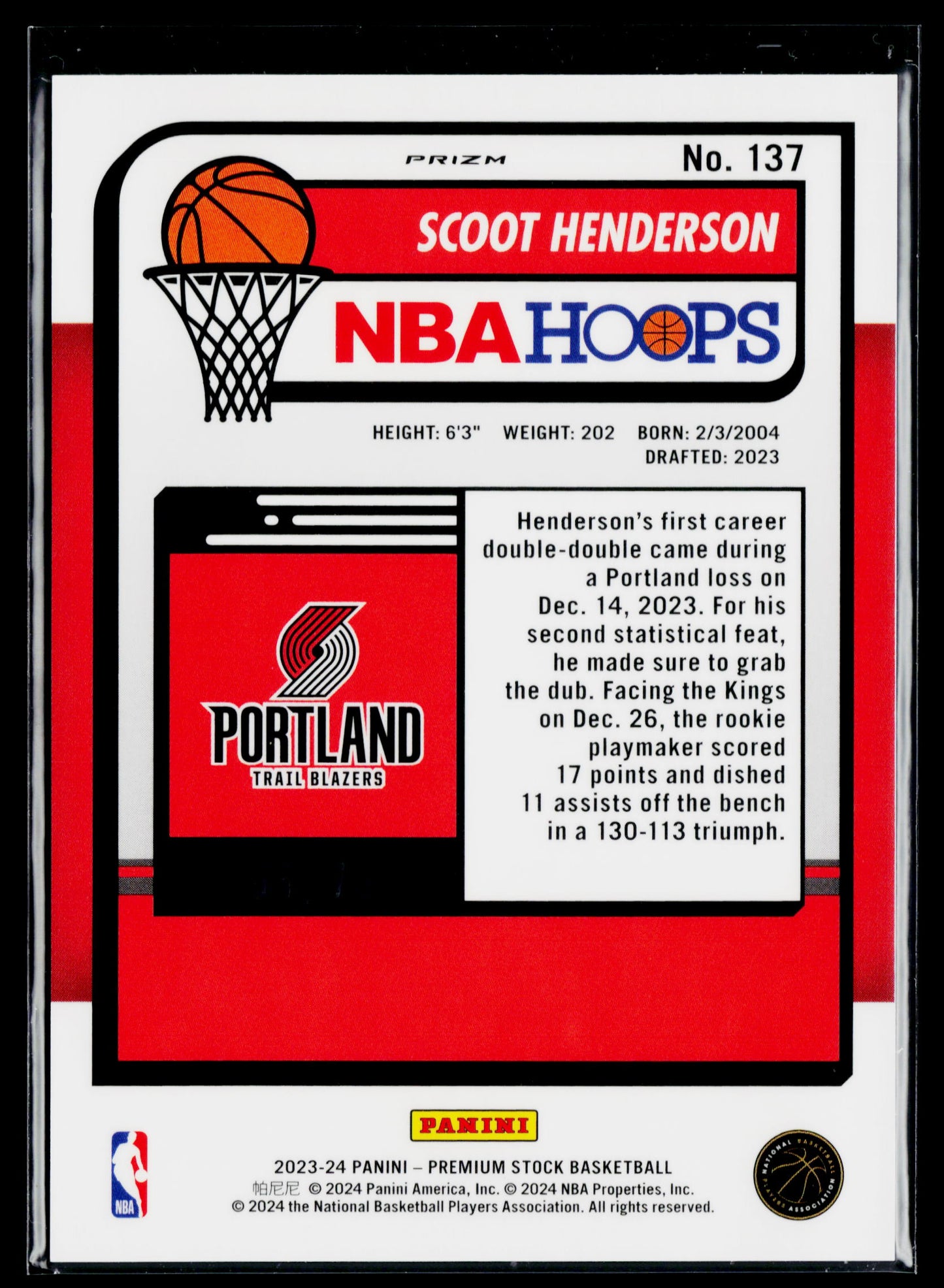 2023-24 Hoops Premium Stock Scoot Henderson Rookie Green Prizm #/75 #137