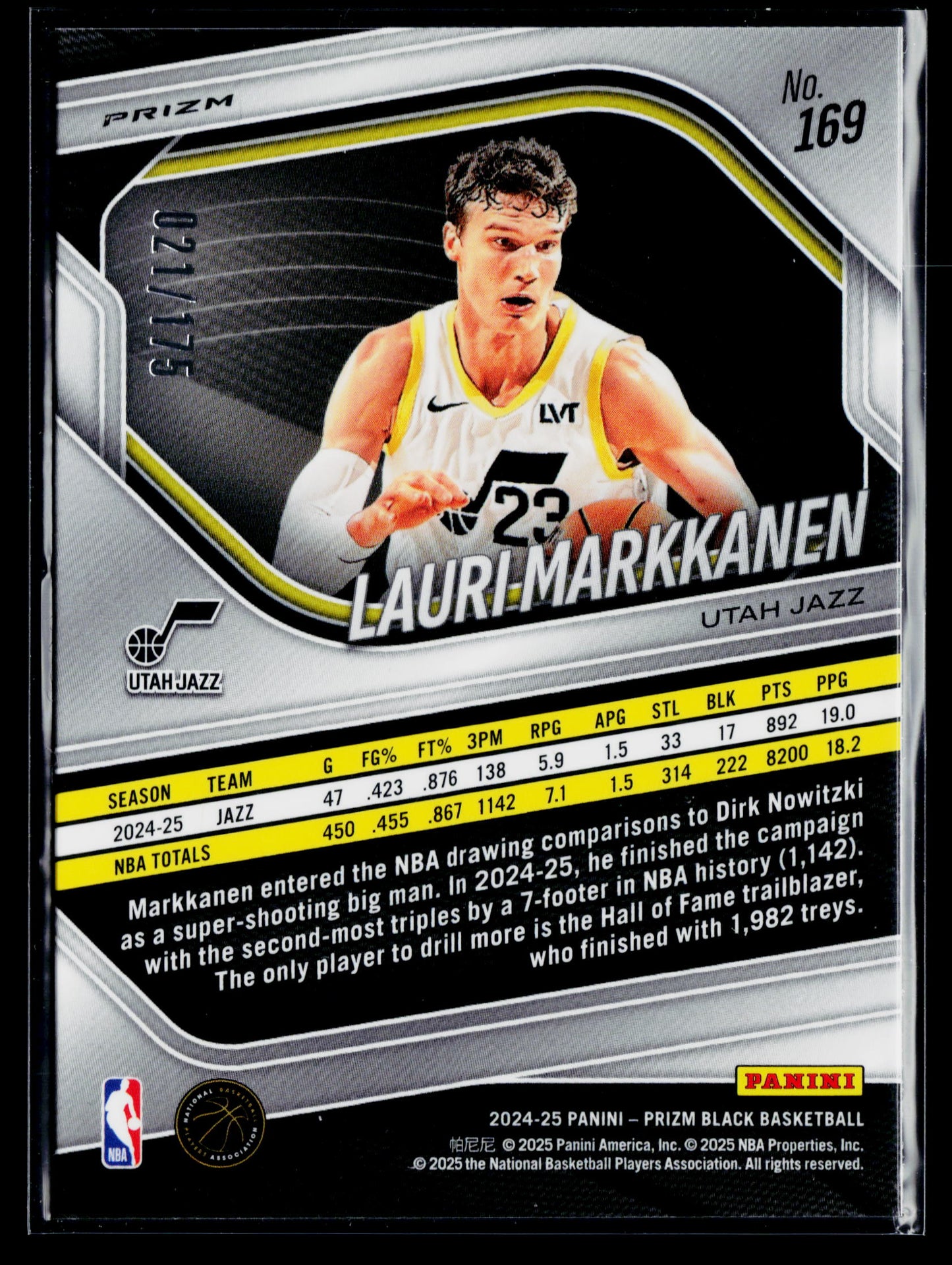 2024-25 Panini Prizm Black Lauri Markkanen White Prizms #/175 #169