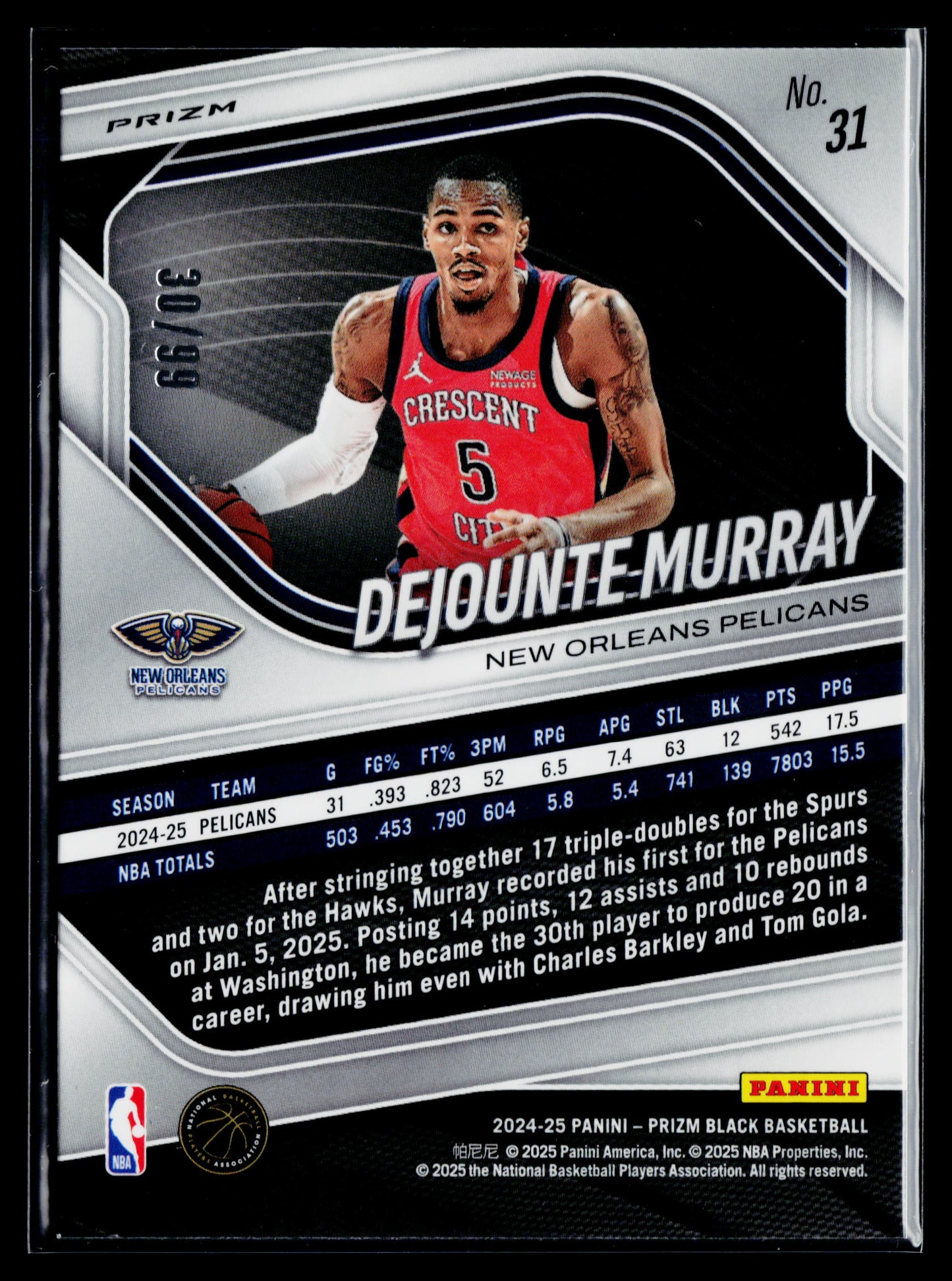 2024-25 Panini Prizm Black Dejounte Murray Purple Prizms #/99 #31