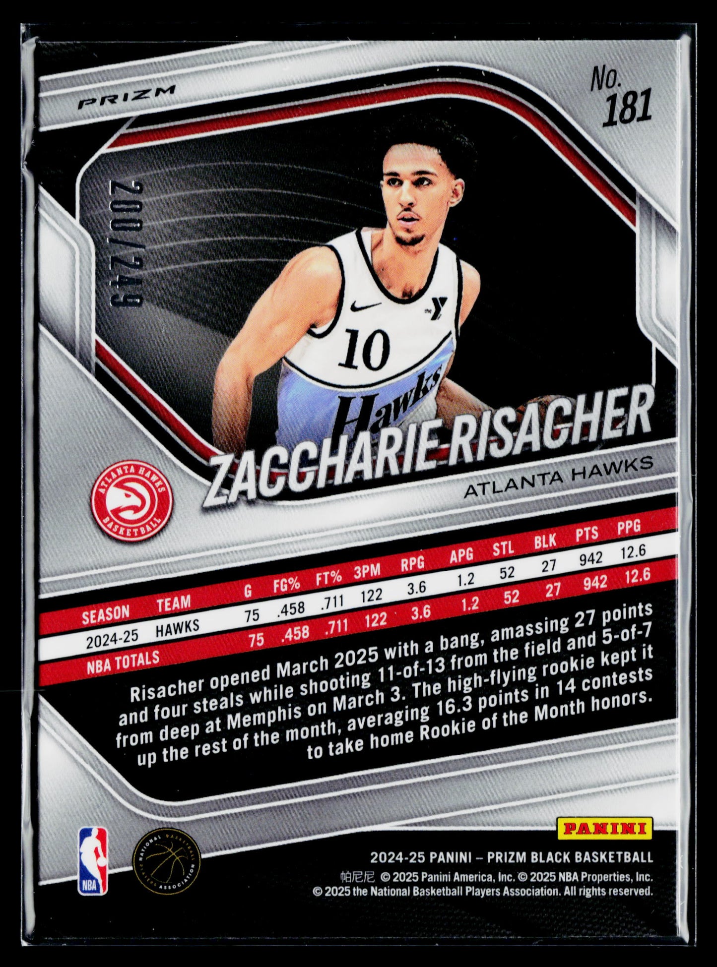 2024-25 Panini Prizm Black Zaccharie Risacher Skewed Prizms #/249 #181