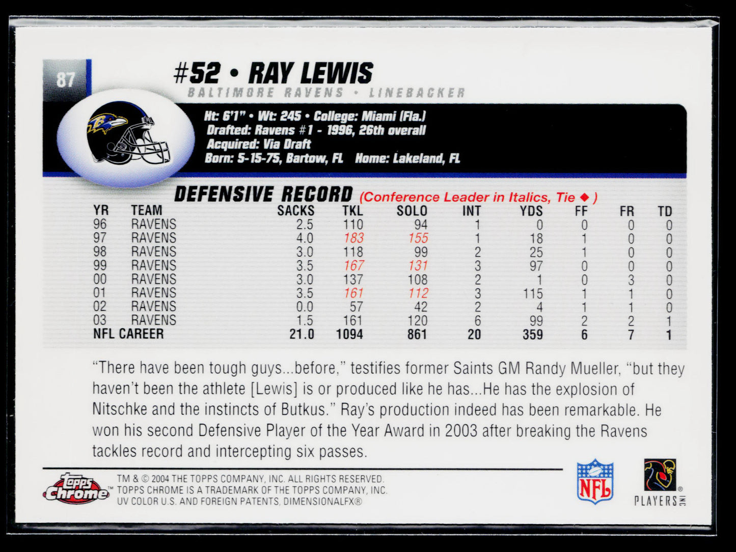 2004 Topps Chrome Ray Lewis #87