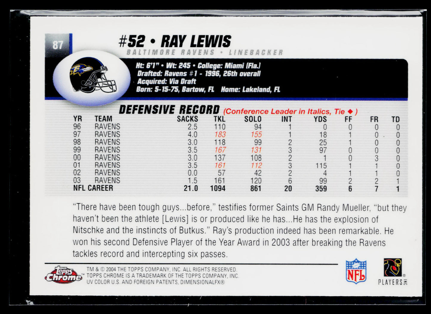 2004 Topps Chrome Ray Lewis #87