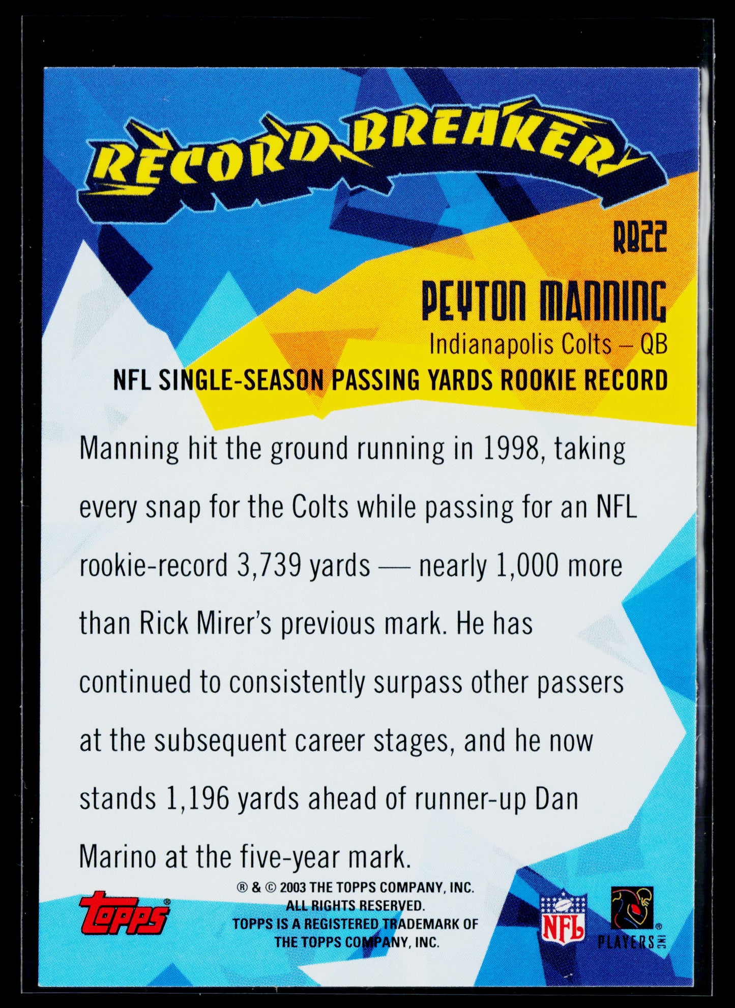 2003 Topps Peyton Manning Record Breakers #RB22