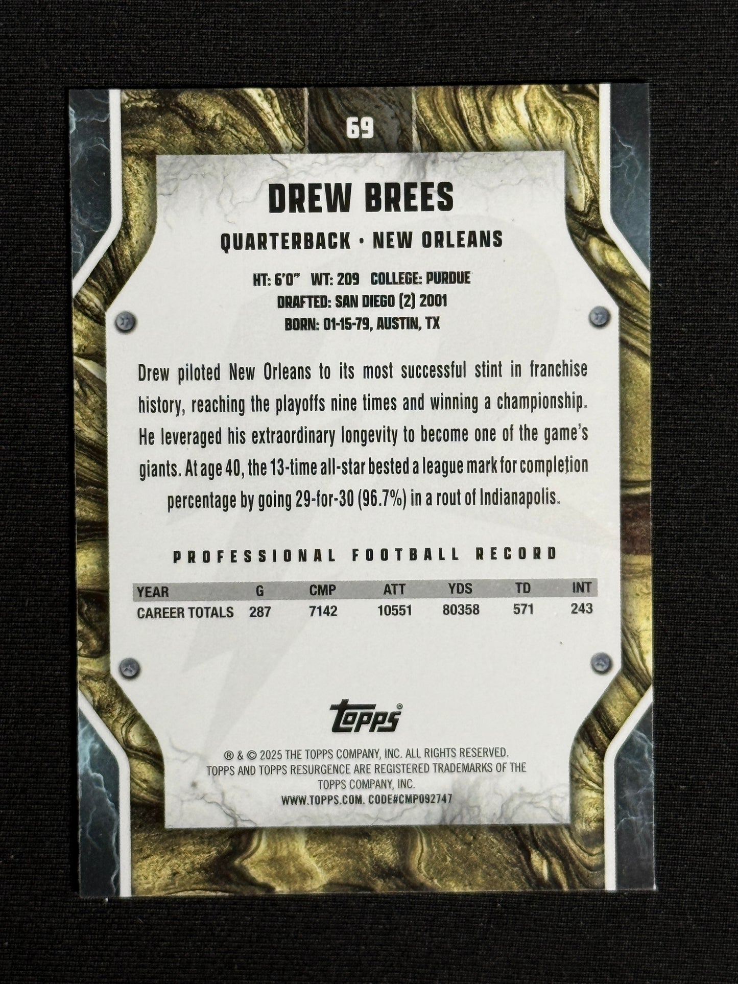 2024 Topps Resurgence Drew Brees Sky Blue & Pink Shock #69