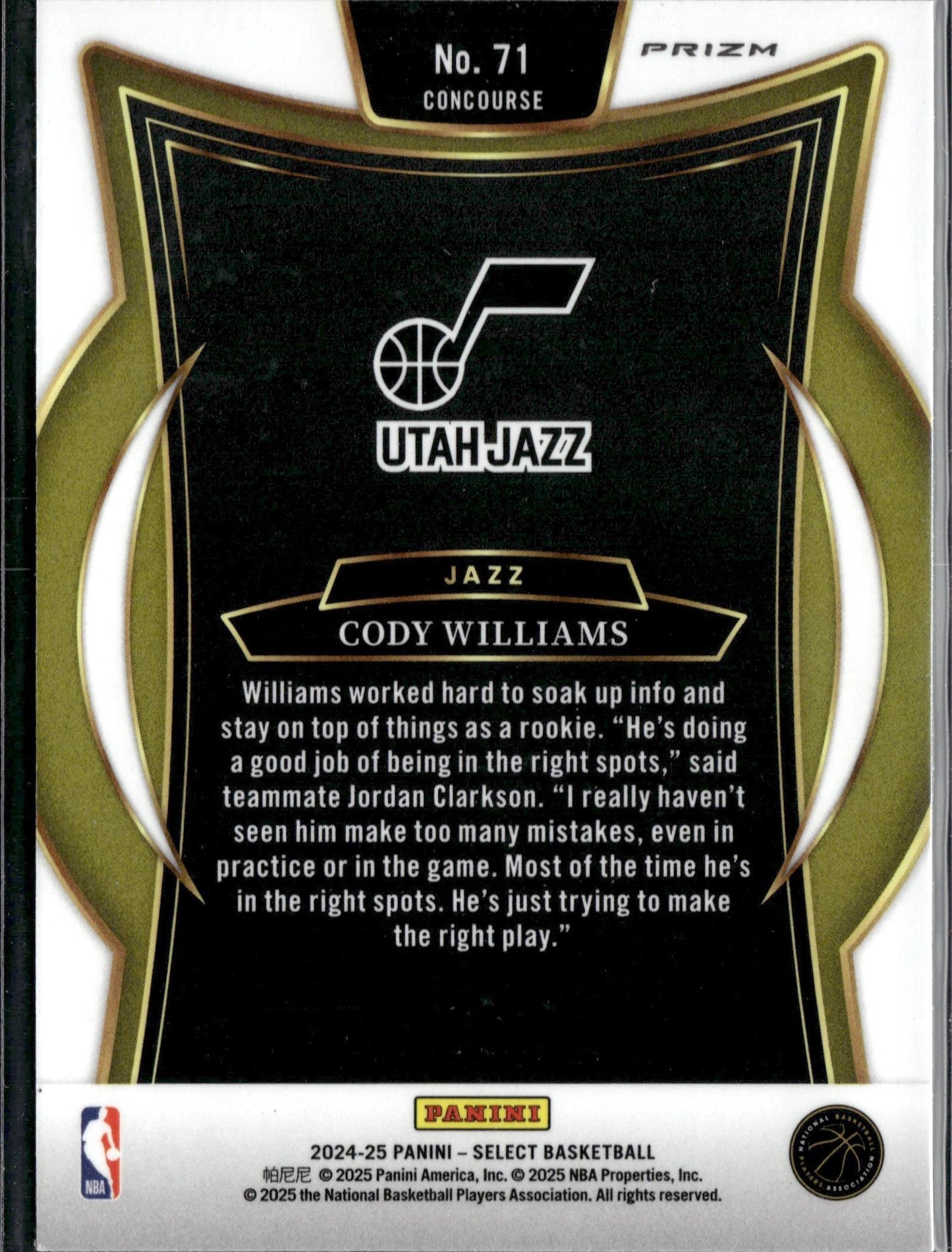 2024-25 Panini Select Cody Williams Rookie Orange Flash Prizm #71