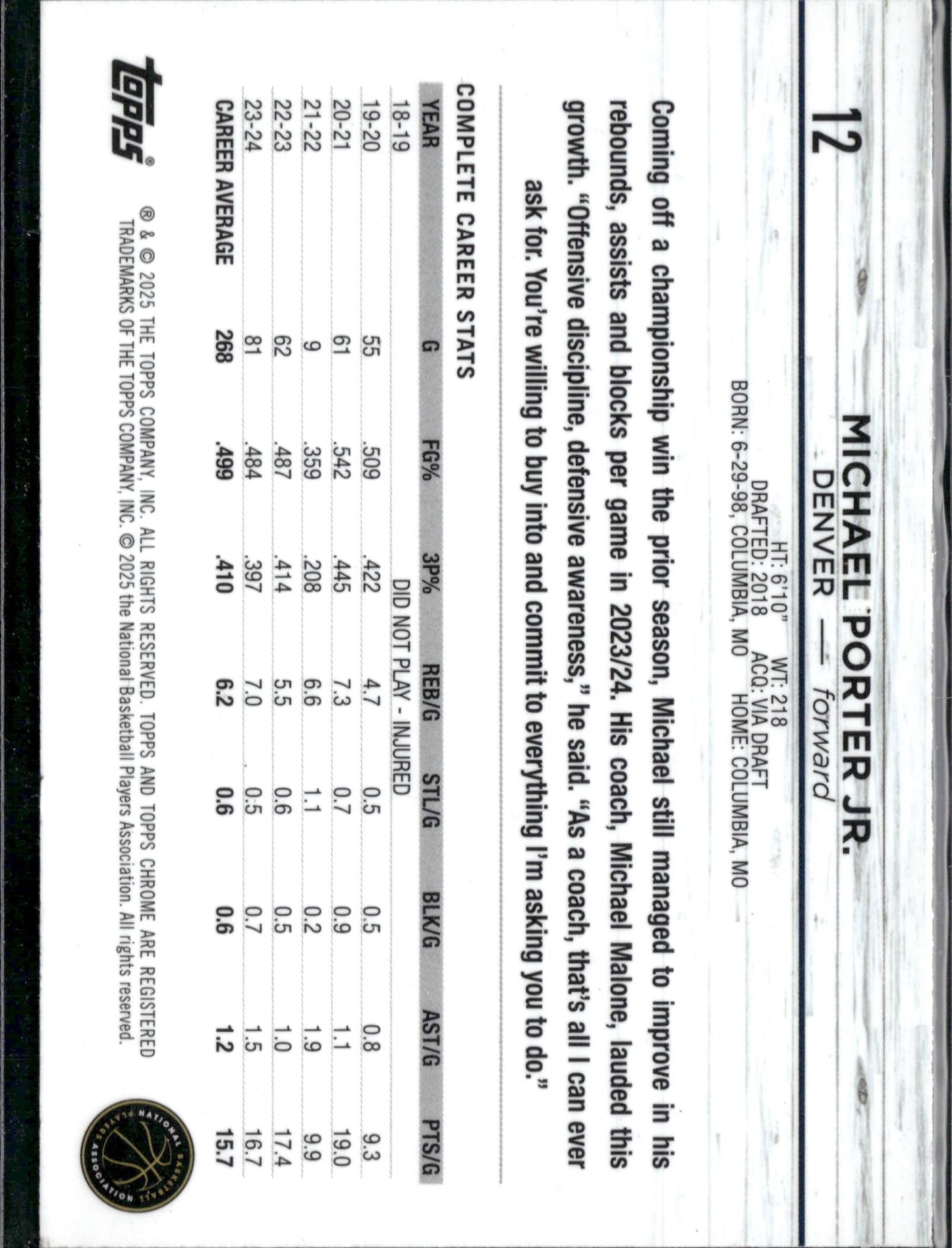 2024-25 Topps Chrome Michael Porter Jr. Purple Refractor #12