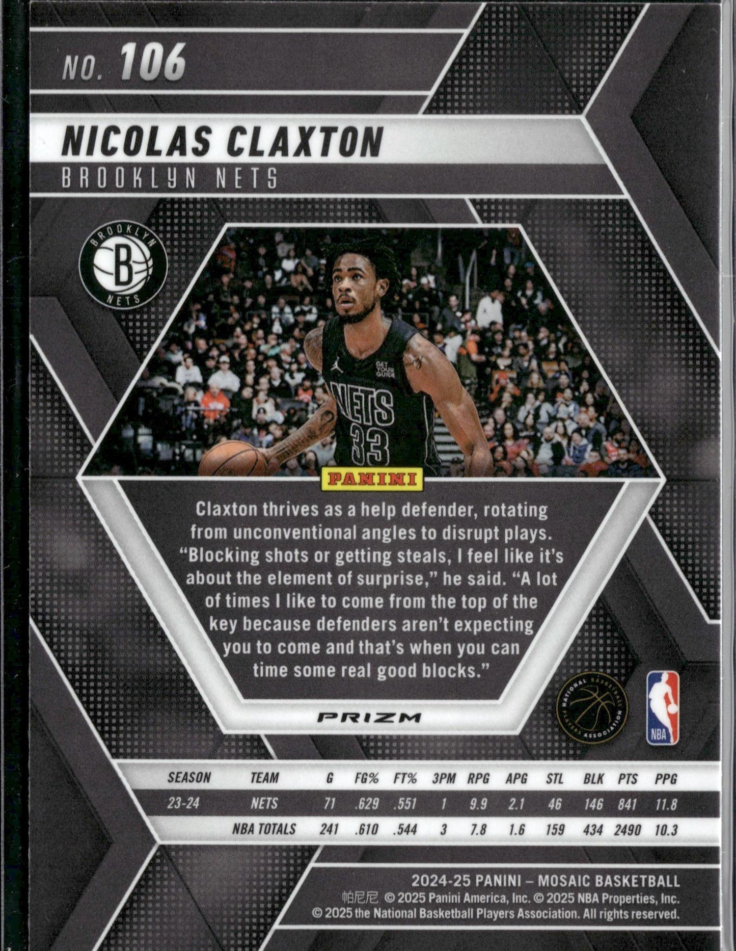 2024-25 Panini Mosaic Nicolas Claxton Silver Mosaic Prizm #106