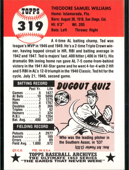 1991 Topps Archives 1953 Ted Williams #319