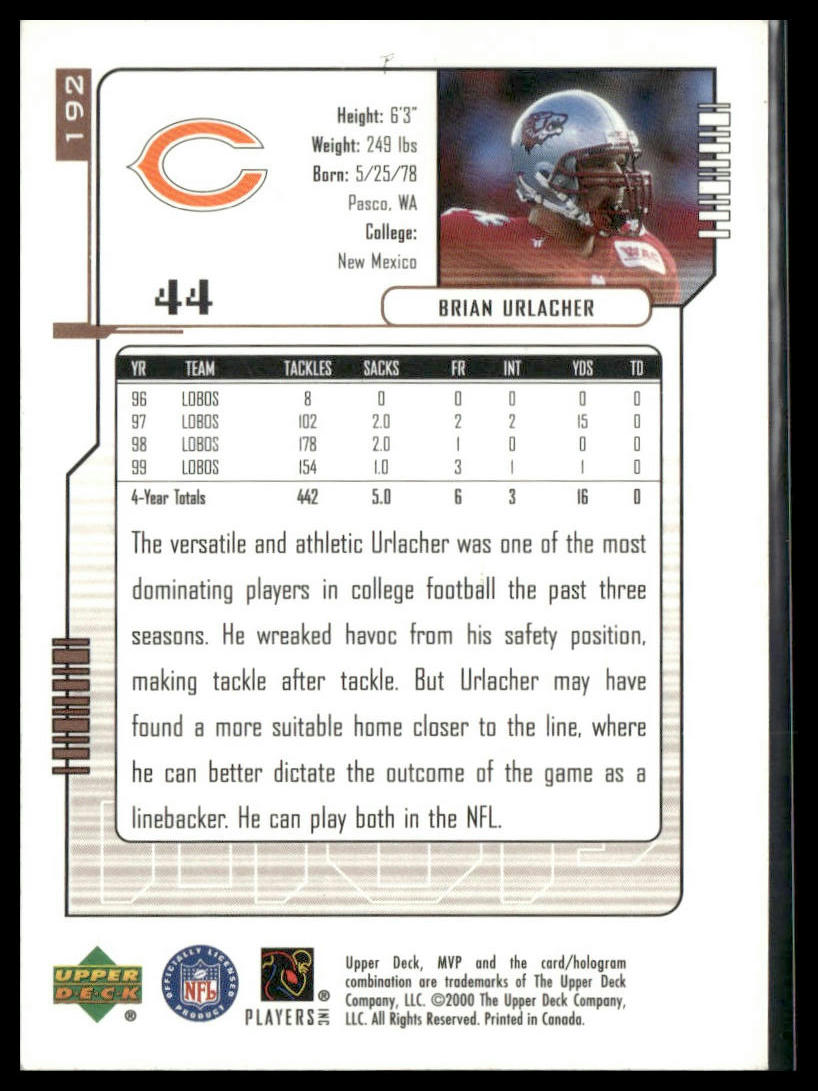 2000 Upper Deck MVP Brian Urlacher Rookie #192