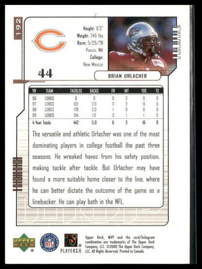 2000 Upper Deck MVP Brian Urlacher Rookie #192