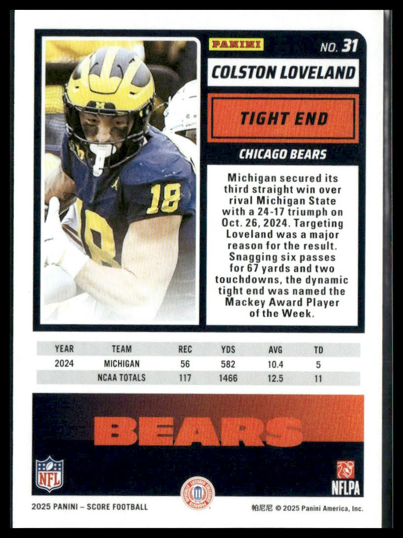 2025 Score Colston Loveland Rookie #31