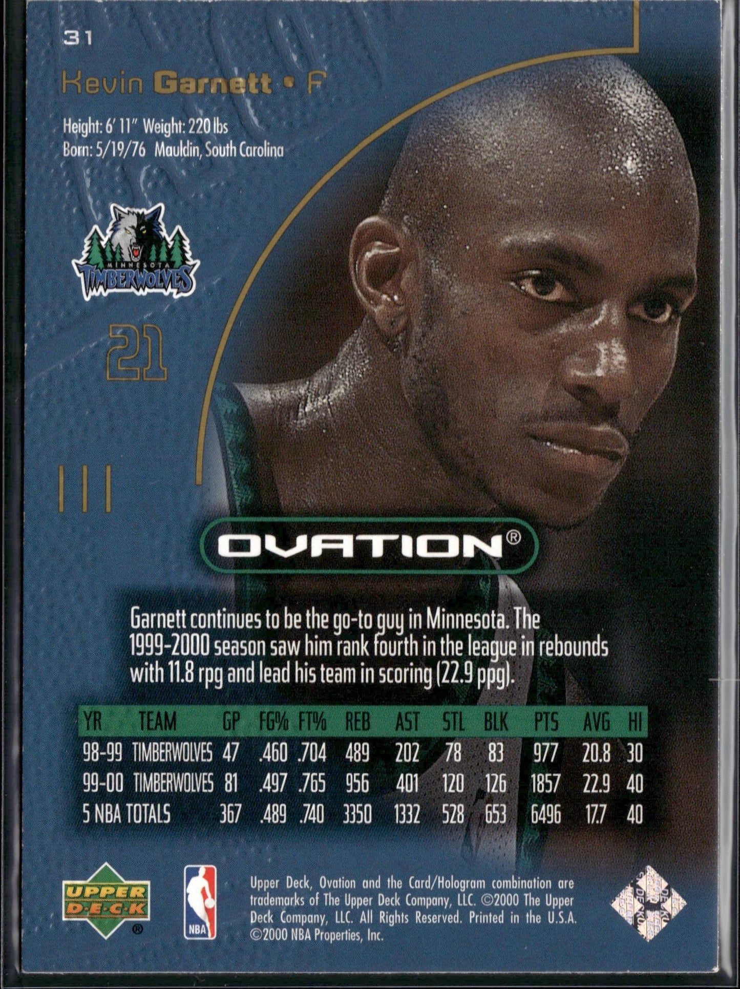 2000-01 Upper Deck Ovation Kevin Garnett #31