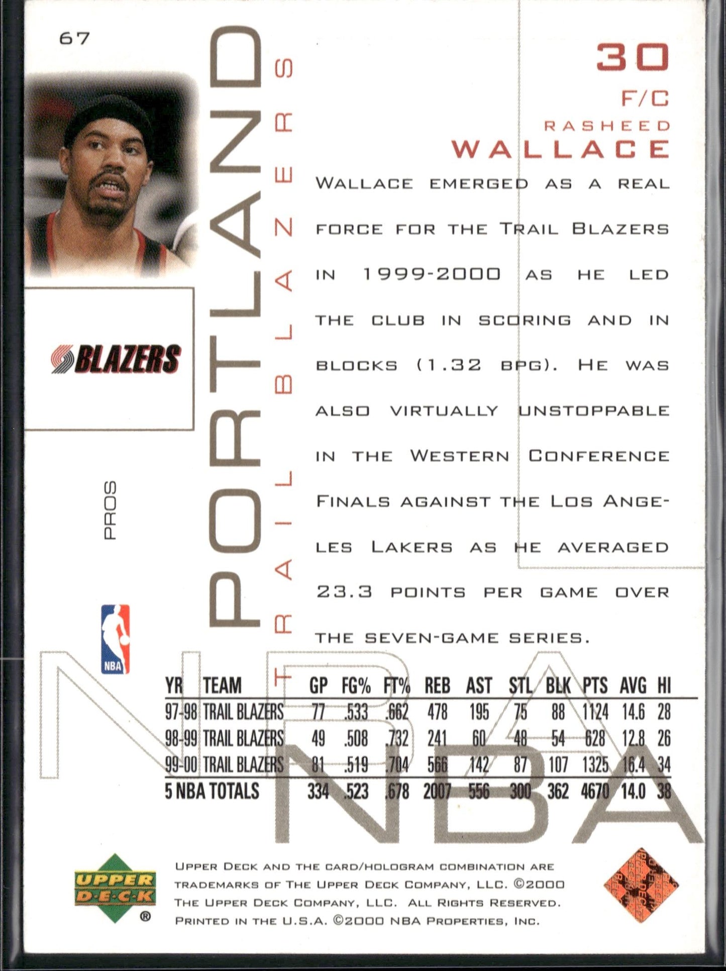 2000-01 Upper Deck Pros & Prospects Rasheed Wallace #67
