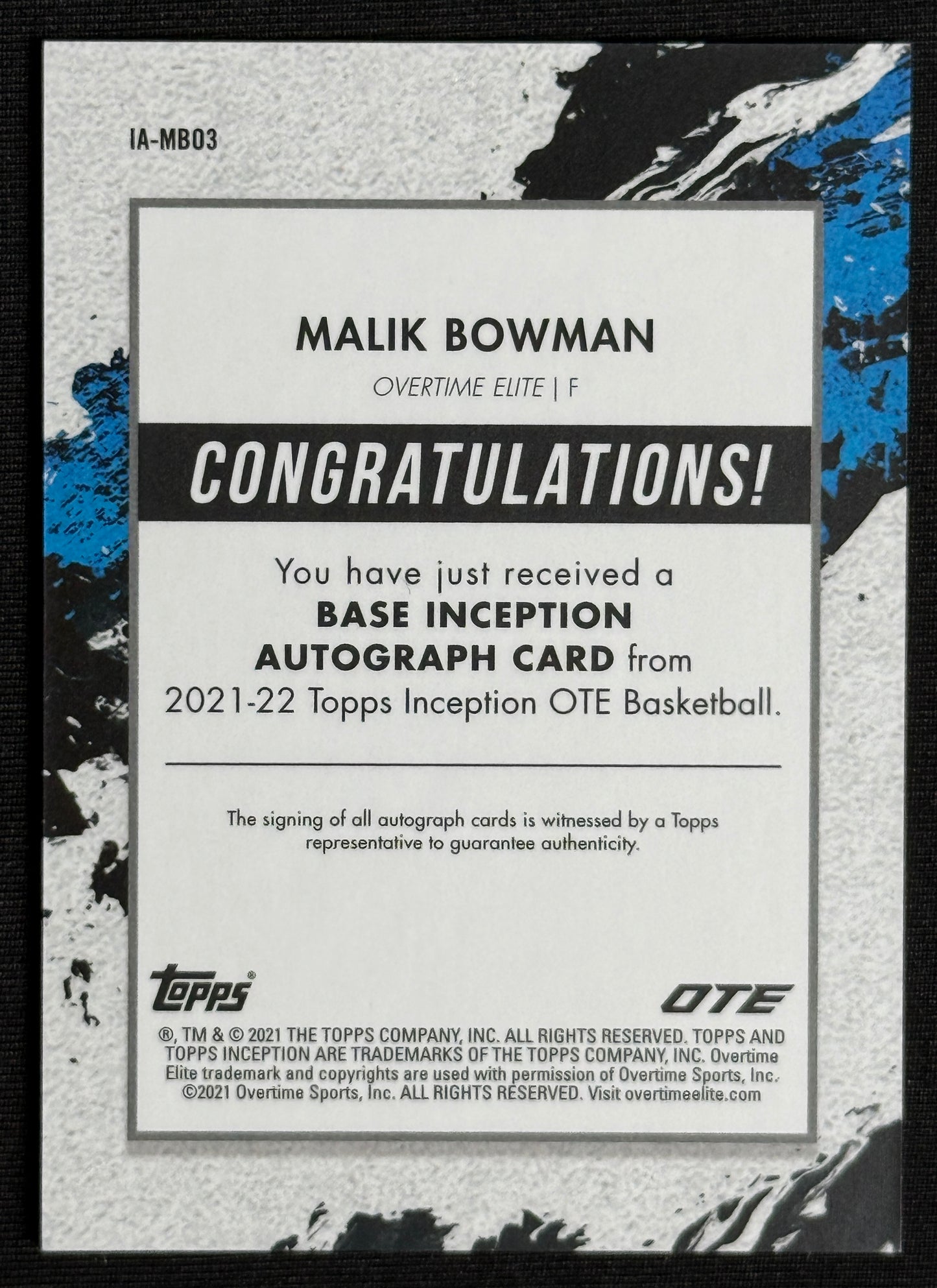 2021-22 Topps Inception Overtime Elite Malik Bowman Blue Auto /25 #IA-MBO3
