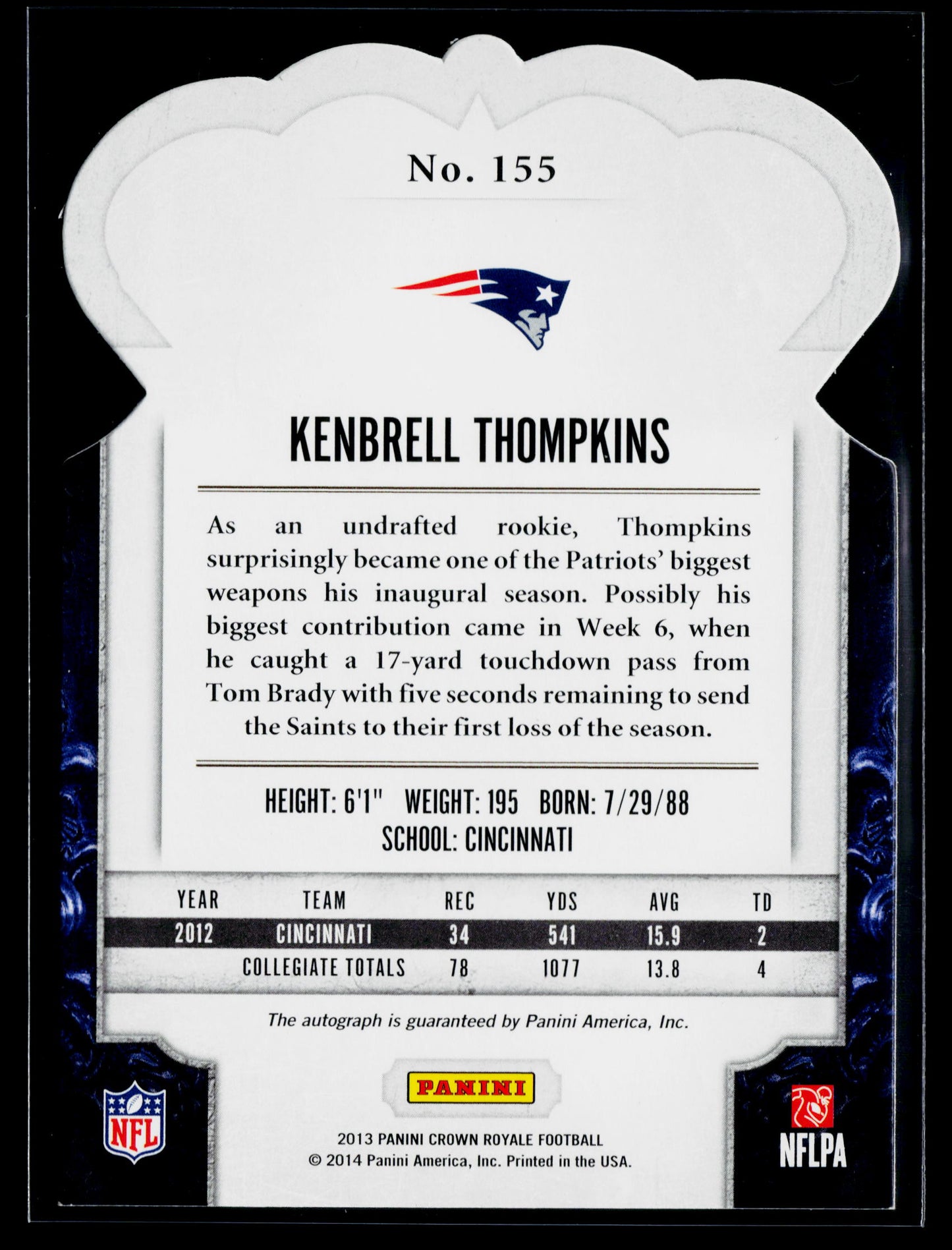 2013 Crown Royale Kenbrell Thompkins Rookie Signatures Bronze Auto #/75 #155